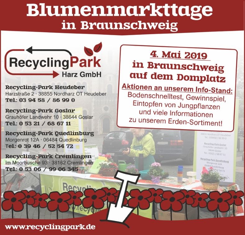 Flyer für die Blumenmarkttage des Recycling-Parks am 04. Mai 2019